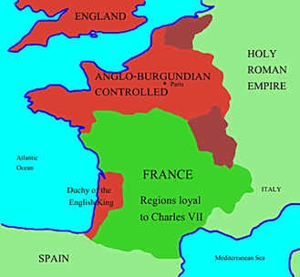 Map of Frace during Hundred Years War when Joan of Arc was alive