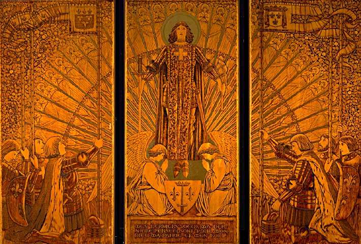Adoration of St. Joan of Arc three panel wood relief by J. William Fosdick