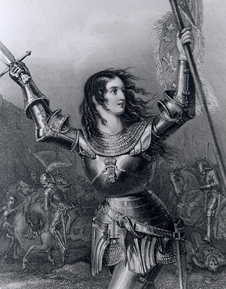 Joan of Arc in armor leading the charge