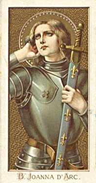 Picture of Holy Card showing Joan of Arc holding her sword