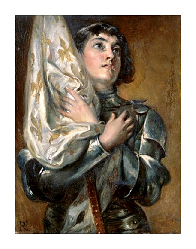 Portrait of Saint Joan of Arc holding her banner across her chest by Robert Alexander Hillingford