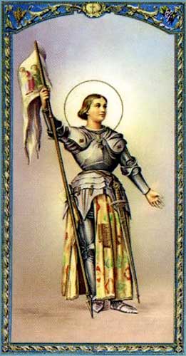 Picture of Holy Card showing Joan of Arc holding her banner