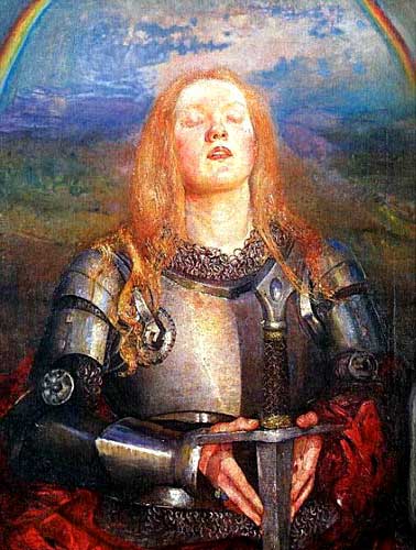 Joan of Arc in armor praying with sword by Annie Louisa Swynnerton