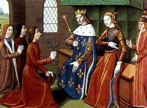 Miniture of Joan of Arc & Charles VII receiving the keys to Troyes