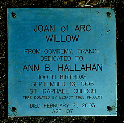 Joan of Arc Willow Tree Dedication Plaque