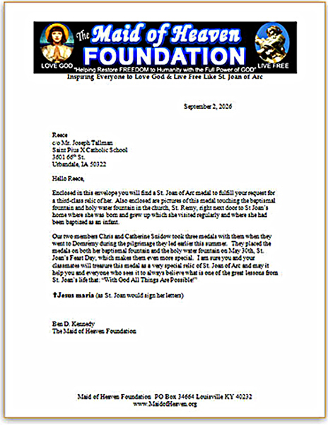 Relic letter from Maid of Heaven Foundation