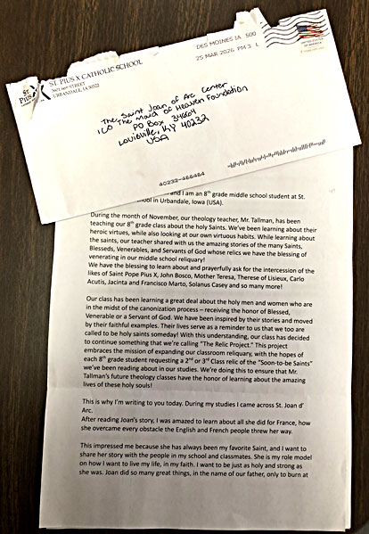 Joan of Arc relic request letter