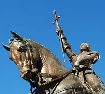 Closeup of statue of Joan of Arc on horseback in Vaucouleurs
