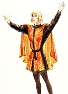 Proposed movie costume design for Ingrid, made of gold 
brocade